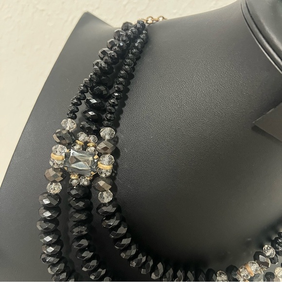 Vintage 3 Strand Necklace Gold Toned Smokey Rhinestones Clear & Black Beads - Picture 2 of 8